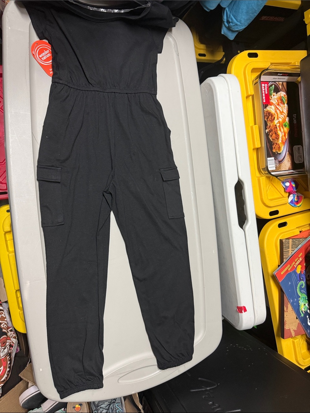 Kids Black Cargo Jogger One-Piece - Elastic Waist & Ankles